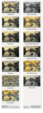 Screenshot built-in and custom presets Photomatix for Linux